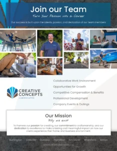 landscaping jobs in Burlington Ontario recruitment flyer for Creative Concepts Landscapes.