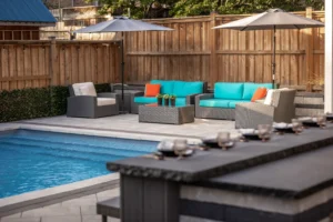 Landscaping project in Burlington Ontario. Creative Concepts backyard and pool project.