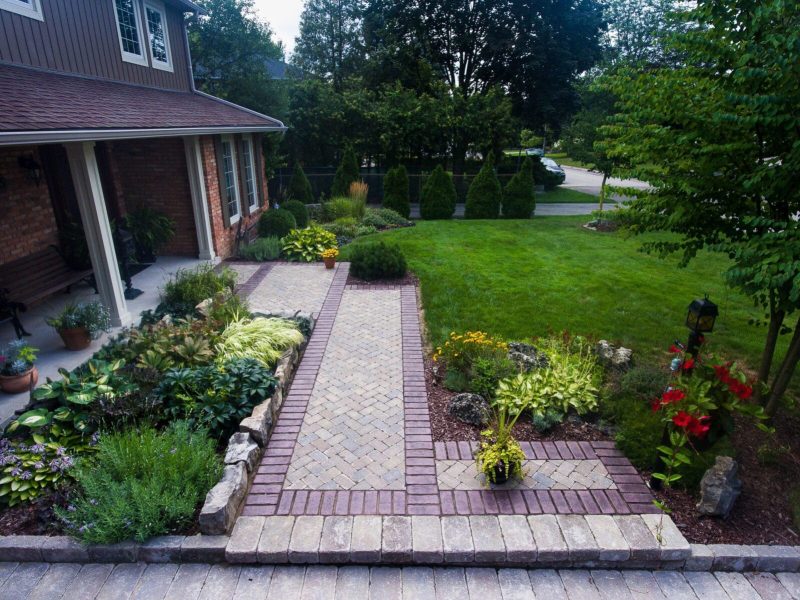 Front yard entrance walkway landscaping project in Ancaster Ontario