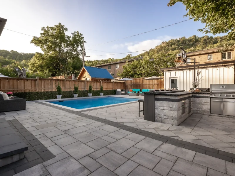 Landscaping project in Burlington Ontario. Creative Concepts small backyard and pool project. Modern and Luxury Landscapes.